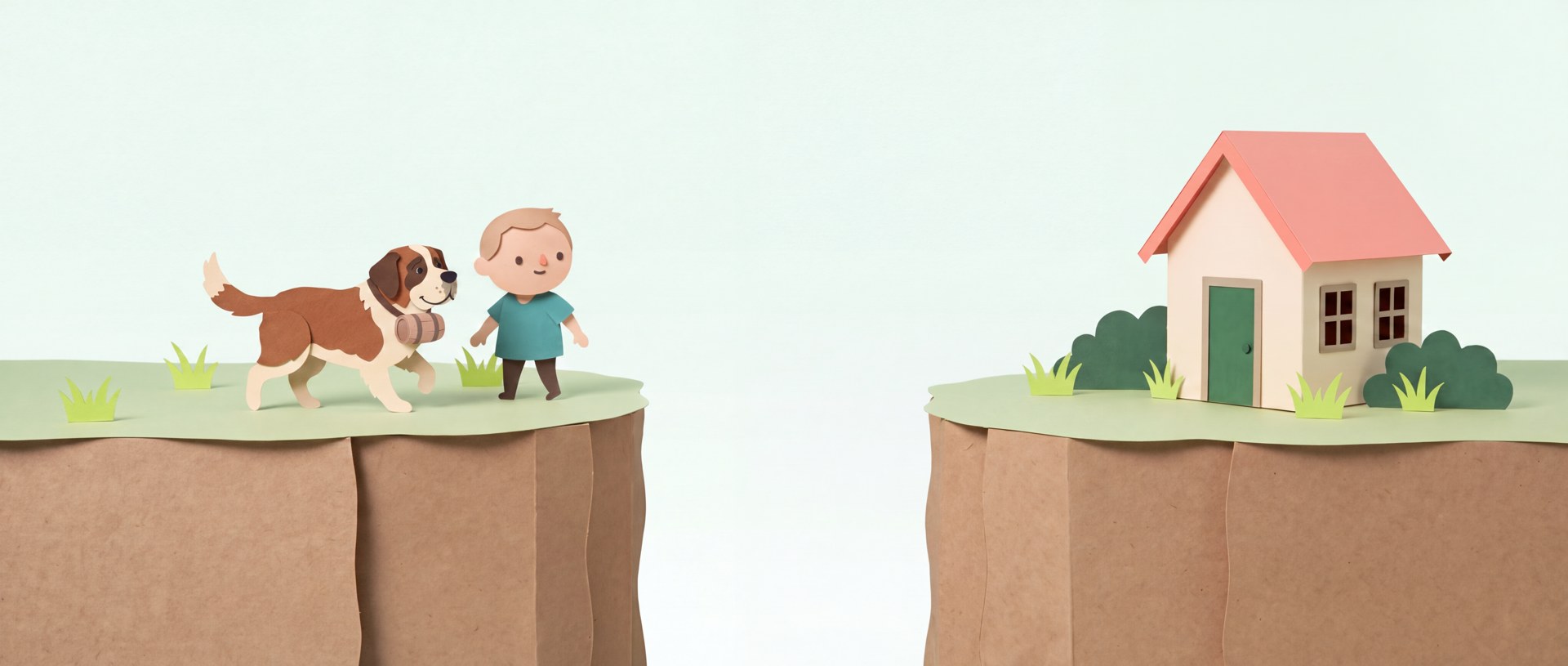 Cut-paper scene: a man and his St Bernard facing the gap between them and a cottage