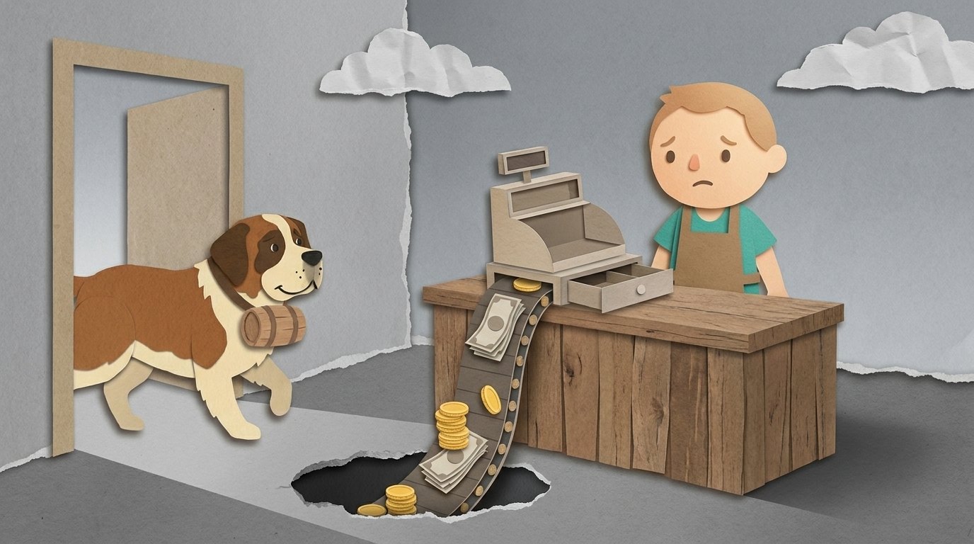 Cut-paper scene: a shop owner watching the daily debits drain the register