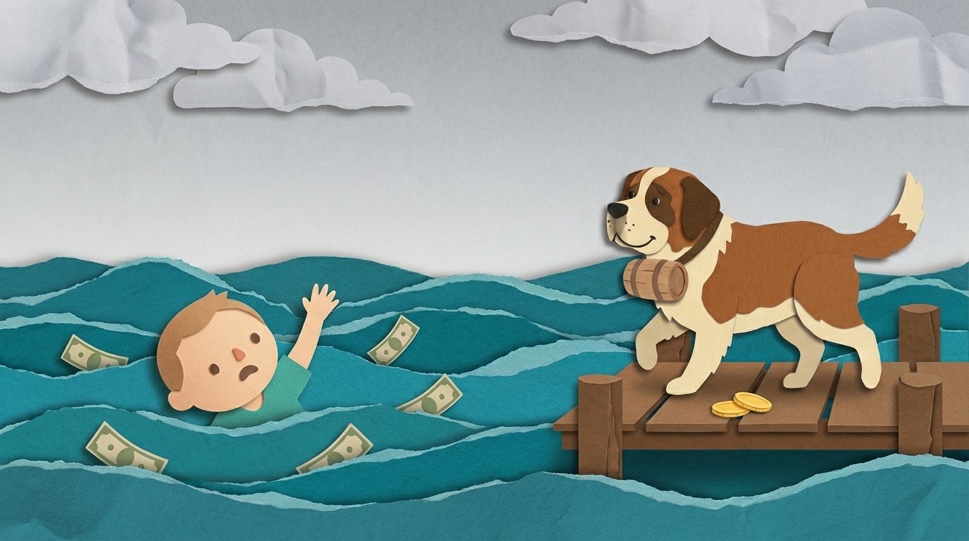Cut-paper scene: a man in deep water reaching for help as his St Bernard arrives